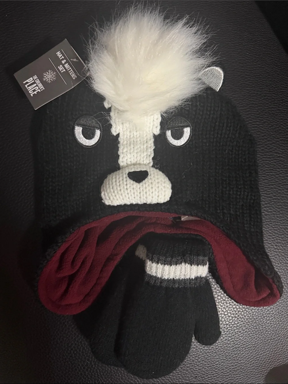 Kids Black & White Plush Animal Pom Beanie Hat with Matching Mittens